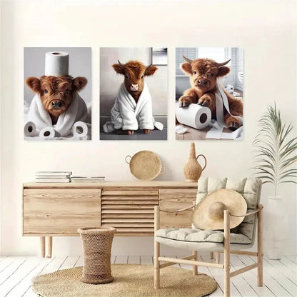 3pcs Cartoon Animal Highland Cow Art Prints Set Metal Print Ready to Hang Art