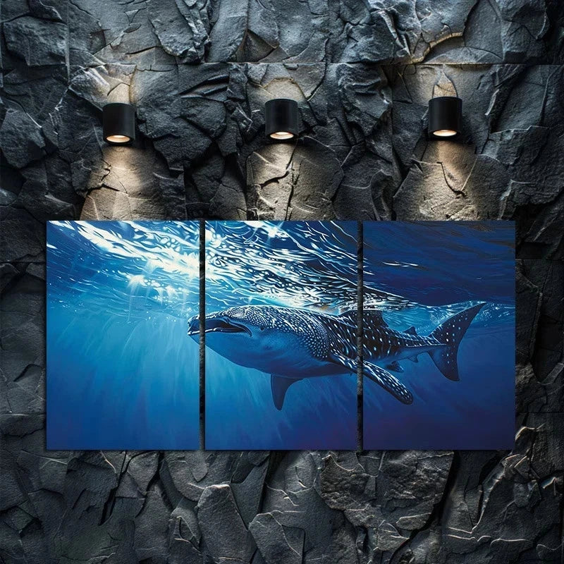 3pcs Whale Shark Gliding Through Deep Blue Ocean Metal Print Ready to Hang Art