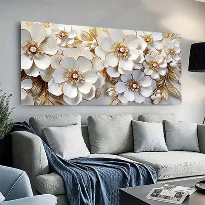 White and Golden Flowers wall canvas office home room framed 120x60cm