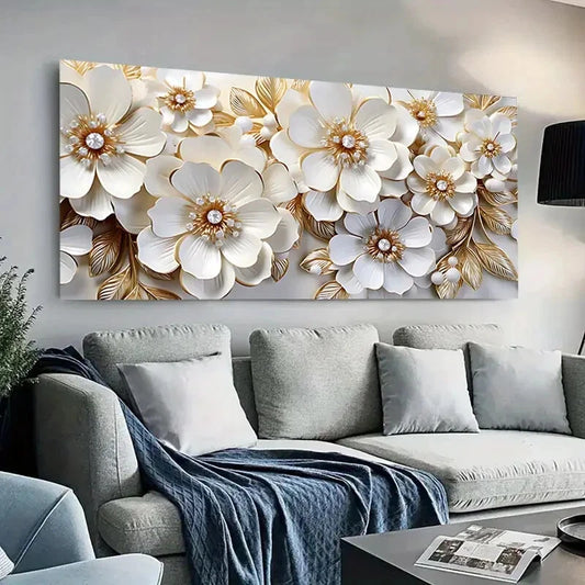 White and Golden Flowers wall canvas office home room framed 120x60cm