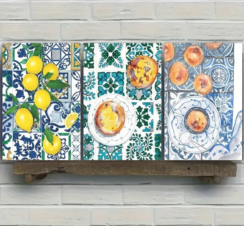 3pcs Lemon Tile & Italian Pastry Designs Metal Print Ready to Hang Art