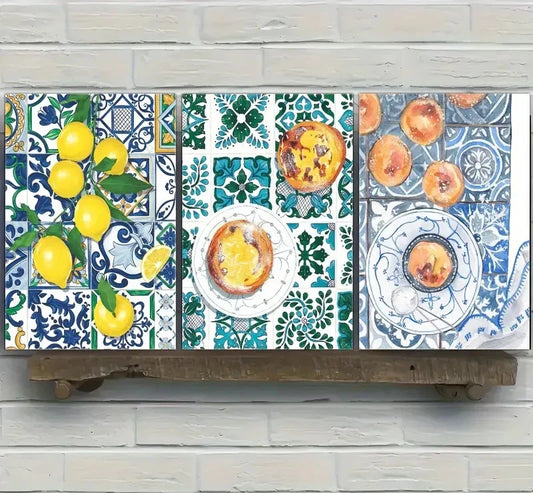 3pcs Lemon Tile & Italian Pastry Designs Metal Print Ready to Hang Art