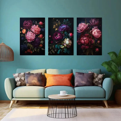 3pcs Dark Floral Peony   Wall Art Set Canvas Framed 40x60cm - High Quality Print 100% Australian Made Wall Canvas Ready to Hang