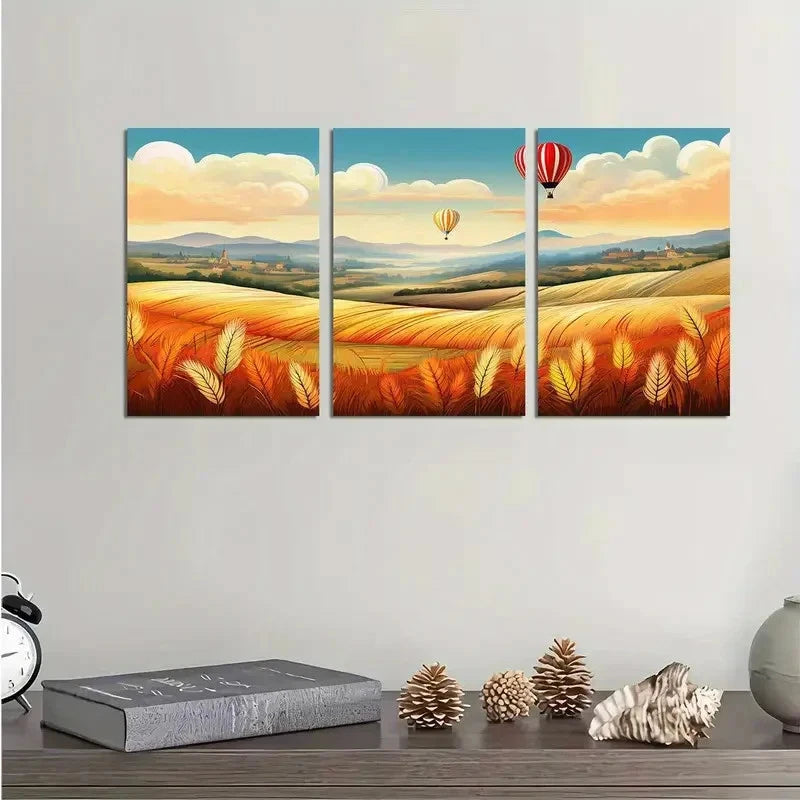 3pcs Hot Air Balloons Rural Landscape Metal Print Ready to Hang Art