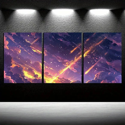 3pcs Vibrant Clouds with Asteroids Illustration Metal Print Ready to Hang Art