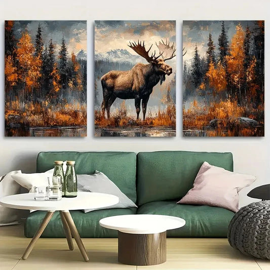 3pcs Majestic Moose in Autumn Metal Print Ready to Hang Art