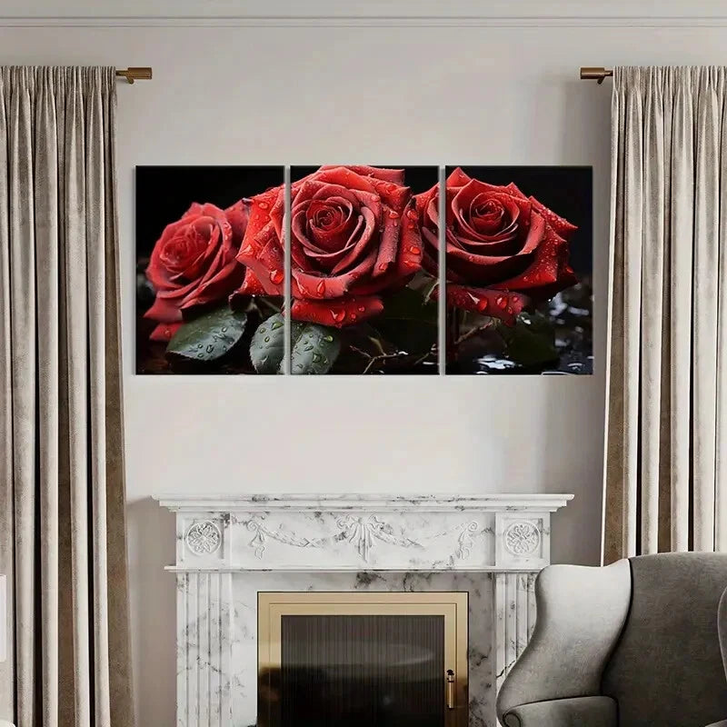 3pcs Set of Elegant Red Roses with Dew Drops Metal Print Ready to Hang Art