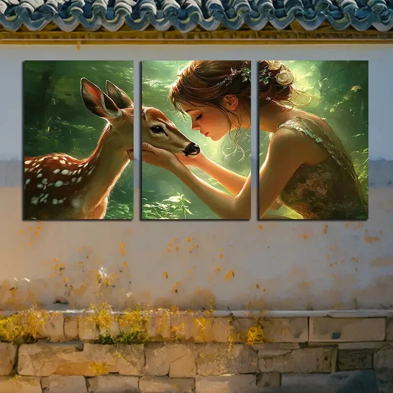 3pcs Girl holding a deer Love Illustration Metal Print Ready to Hang Art