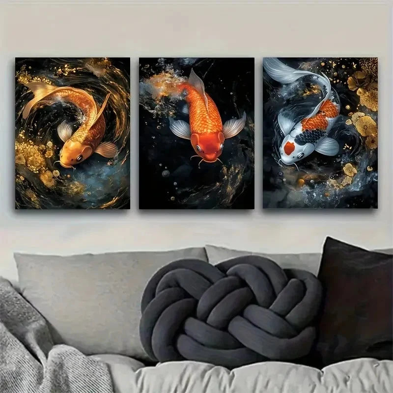 3pcs Dynamic Koi Fish Vibrant with Water Scene Metal Print Ready to Hang Art