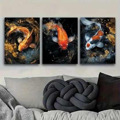 3pcs Dynamic Koi Fish Vibrant with Water Scene Metal Print Ready to Hang Art