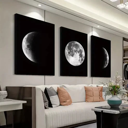 3pcs Full and Half Moon Black & White Canvas Framed 60x90cm - High Quality Print 100% Australian Made Wall Canvas Ready to Hang