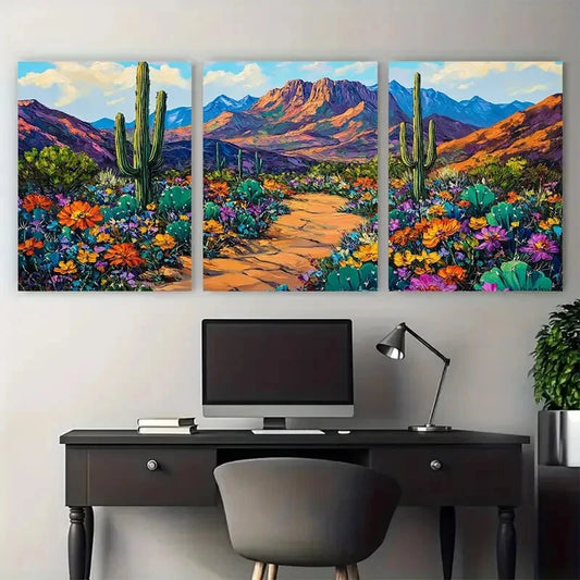 3pcs Southwest Mountain Vibrant Desert Wildflower Metal Print Ready to Hang Art