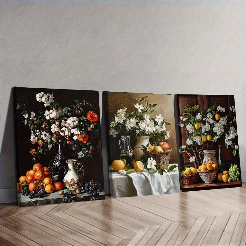 3pcs Fruit, Flowers, And A Jug Floral   Wall Art Set Canvas Framed 40x60cm - High Quality Print 100% Australian Made Wall Canvas Ready to Hang