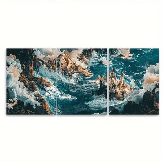 3pcs A Rough Ocean Scene Ocean Landscape Metal Print Ready to Hang Art