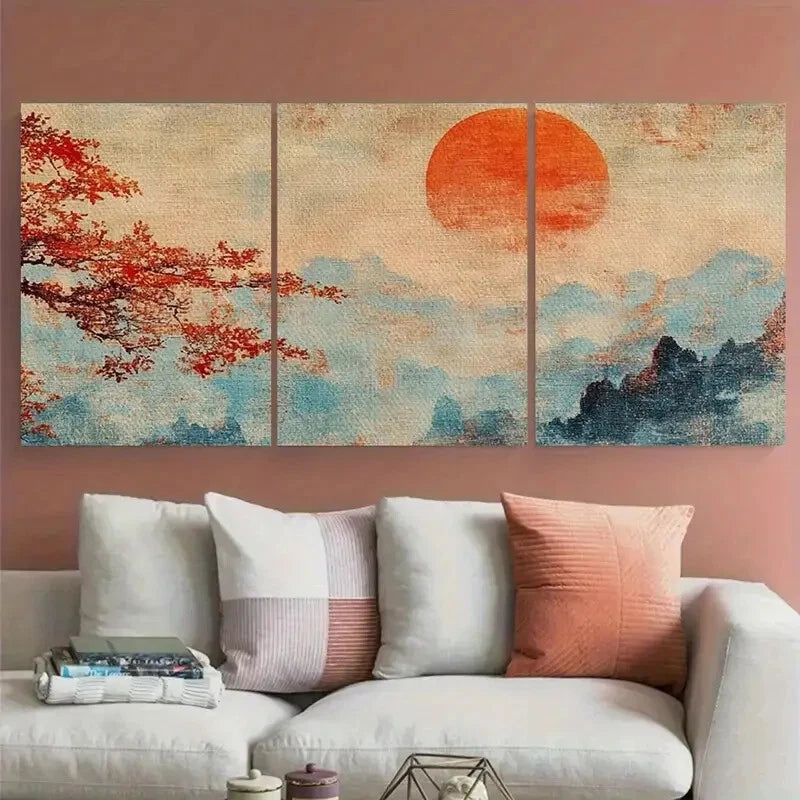 3pcs Japanese Maple Tree at Sunset Woodblock Metal Print Ready to Hang Art