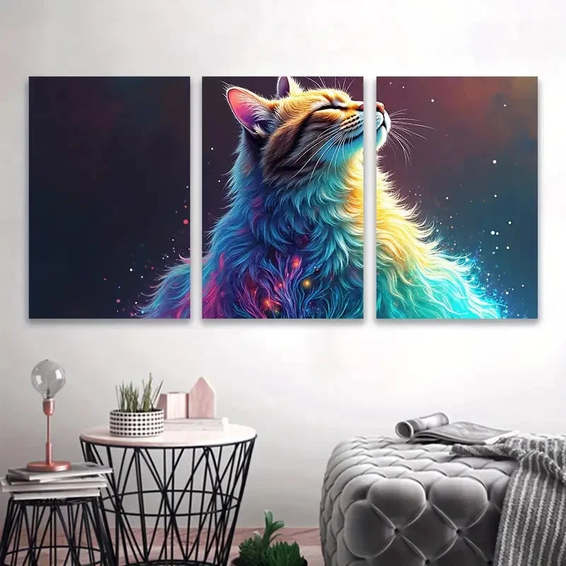 3pcs Vibrant Cat Illustration Wall Art Set Canvas Framed 50x70cm - High Quality Print 100% Australian Made Wall Canvas Ready to Hang