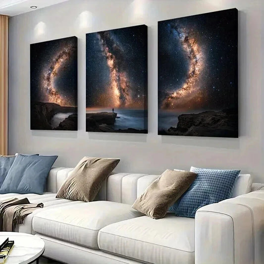 3pcs Milky Way Galaxy Over Ocean Cliff Wall Art Set Canvas Framed 40x60cm - High Quality Print 100% Australian Made Wall Canvas Ready to Hang