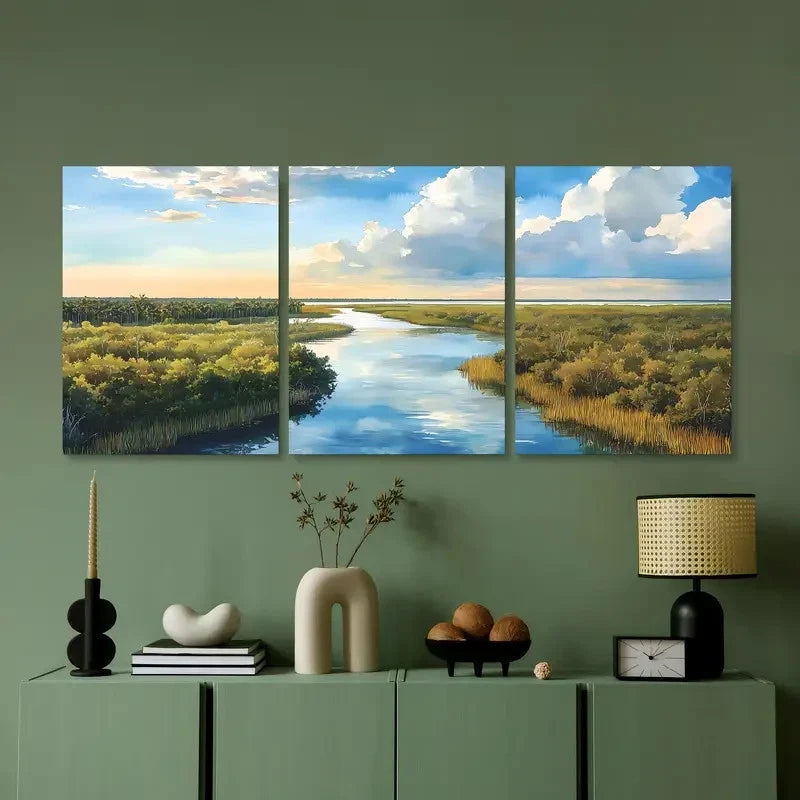 3pcs Serene River and Swamp Scenes Metal Print Ready to Hang Art