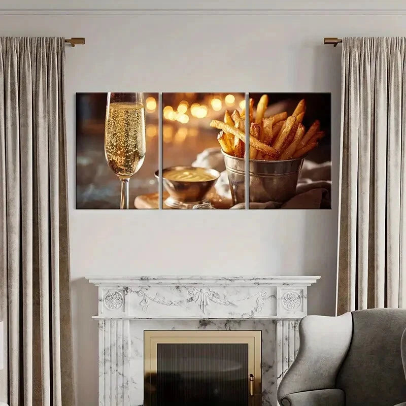 3pcs Champagne Glass Golden French Fries Metal Print Ready to Hang Art