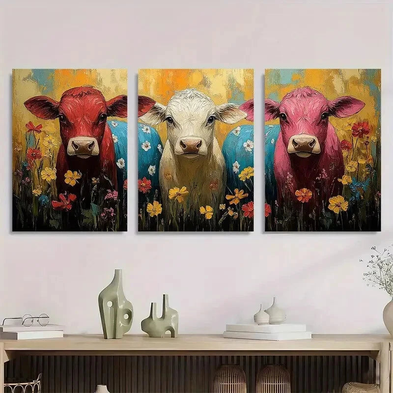 3pcs Three Cows in Floral Field Metal Print Ready to Hang Art