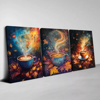 3pcs Peaceful Coffee with Dry Leaves Art Set Canvas Framed 50x70cm -  High Quality Print 100% Australian Made Wall Canvas Ready to Hang