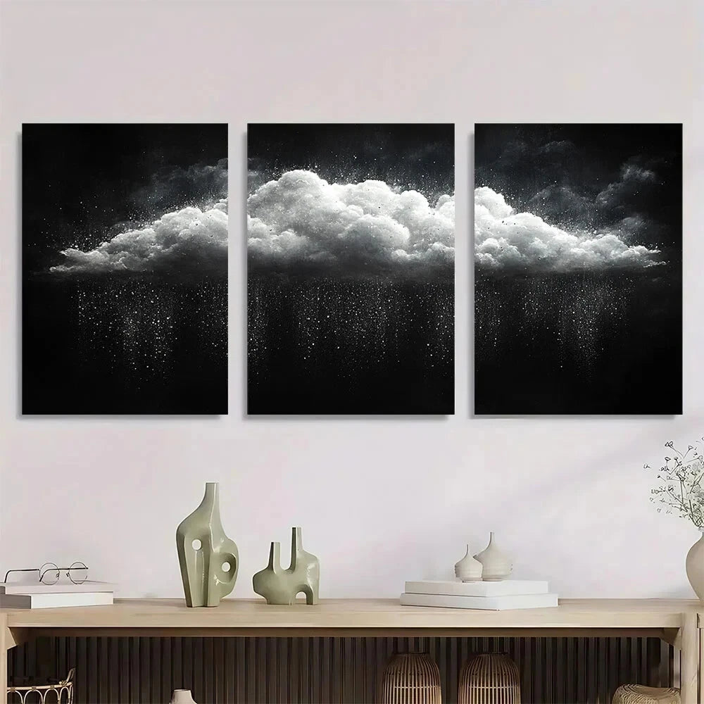 3pcs Modern Black and White Cloud Serene Rainy Metal Print Ready to Hang Art
