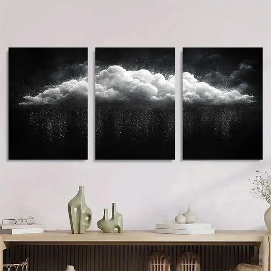 3pcs Modern Black and White Cloud Serene Rainy Metal Print Ready to Hang Art