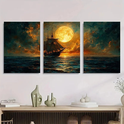 3pcs Classic Retro Farmhouse Style Moonlit Sea Metal Print Ready to Hang Art