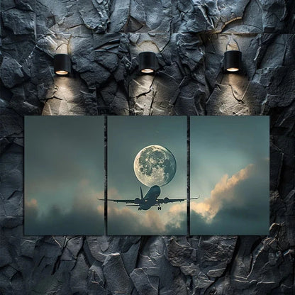 3pcs Airplane and Full Moon Over Clouds Metal Print Ready to Hang Art