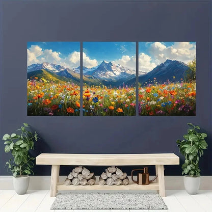 3pcs Vibrant Mountain and Wildflower Art Metal Print Ready to Hang Art
