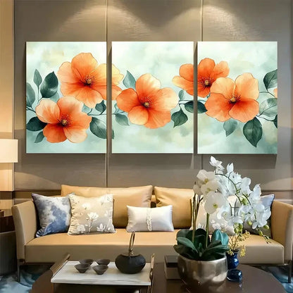 3pcs Soft Peach Floral with Green Leaves Metal Print Ready to Hang Art