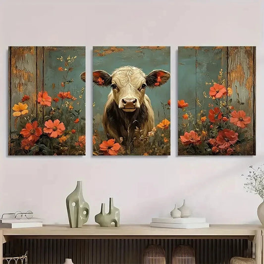 3pcs Land Cow Rustic Wildlife Floral Accents Metal Print Ready to Hang Art