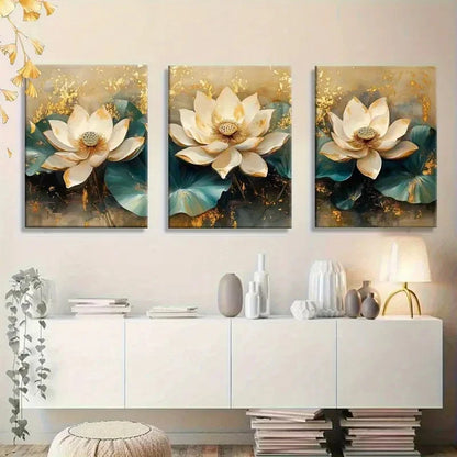 3pcs White Lotus Wall Art with Golden Texture Metal Print Ready to Hang Art
