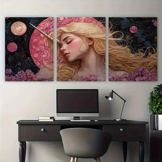 3pcs Pink Unicorn Princess Sleeping Beauty Wall Art Set Canvas Framed 40x60cm - High Quality Print 100% Australian Made Wall Canvas Ready to Hang