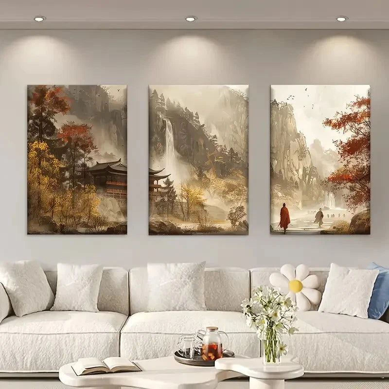 3pcs Serene Mountain & Waterfall Scenery Metal Print Ready to Hang Art