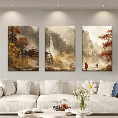 3pcs Serene Mountain & Waterfall Scenery Metal Print Ready to Hang Art
