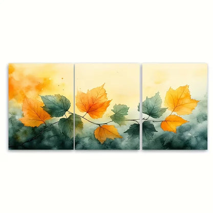 3pcs Watercolour Leaves Autumn Green Yellow Toned Metal Print Ready to Hang Art