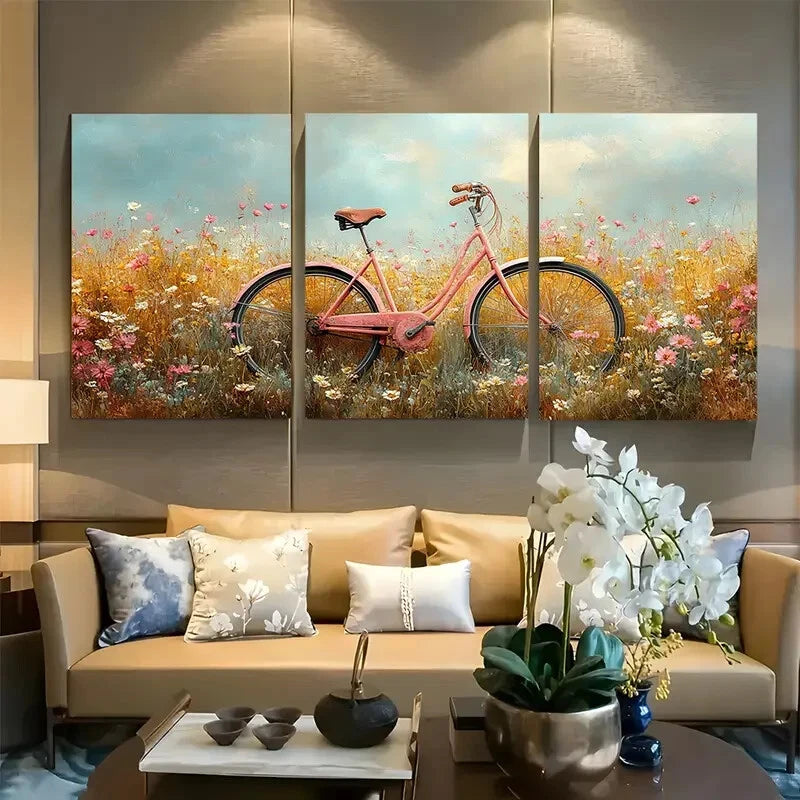 3pcs Vibrant  Bicycle in Meadow Design Metal Print Ready to Hang Art