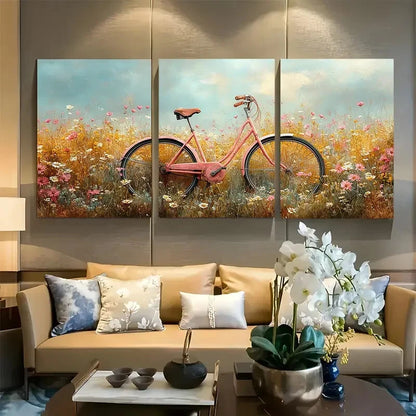 3pcs Vibrant  Bicycle in Meadow Design Metal Print Ready to Hang Art