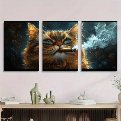 3pcs Whimsical Smoking Fat Cat with Cigar Metal Print Ready to Hang Art