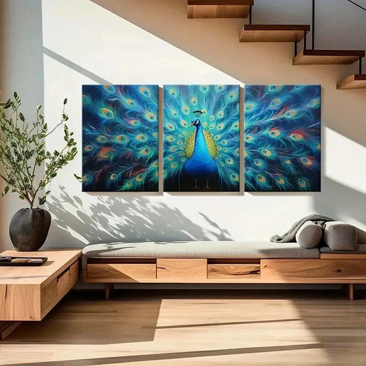 3pcs Peacock In Full Bloom Abstract Aesthetic Wall Art Set Canvas Framed 40x60cm - High Quality Print 100% Australian Made Wall Canvas Ready to Hang