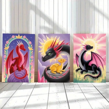 3pcs Dragon Flowers Fantasy Illustration Metal Print Ready to Hang Art
