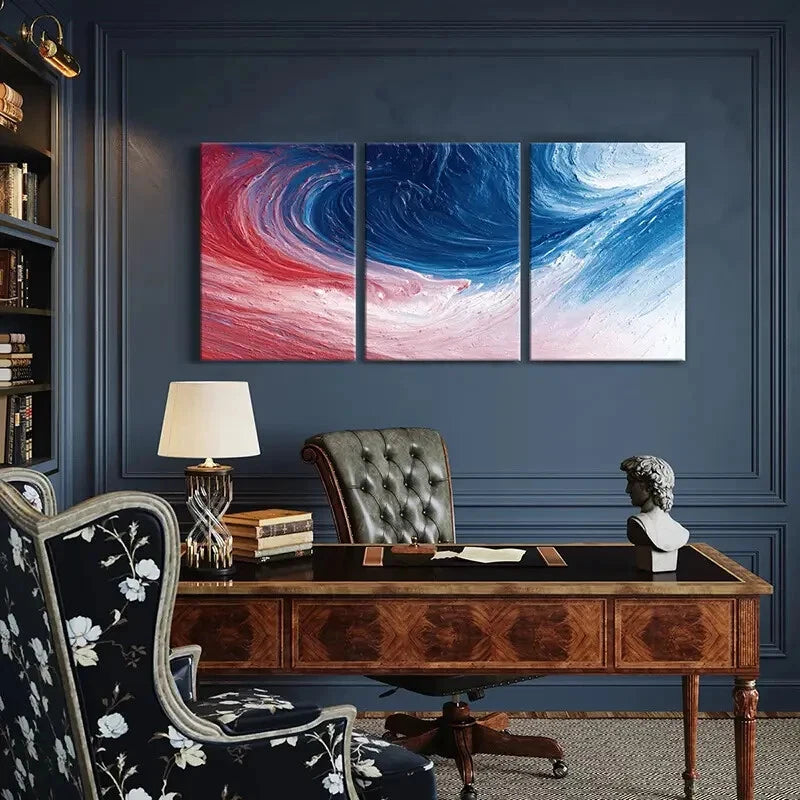3pcs Abstract Swirl Art Blue Red Waves Modern Metal Print Ready to Hang Art
