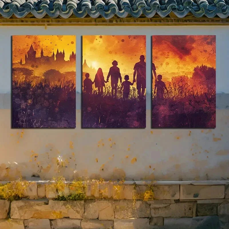 3pcs Girls and Boys Silhouetted Against The Sunset Metal Print Ready to Hang Art