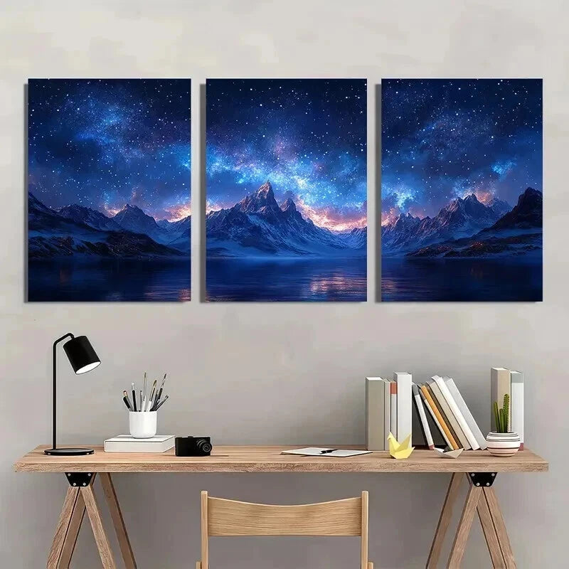 3pcs Snow Mountain Starry Sky Decor Wall Art Set Canvas Framed 40x60cm - High Quality Print 100% Australian Made Wall Canvas Ready to Hang