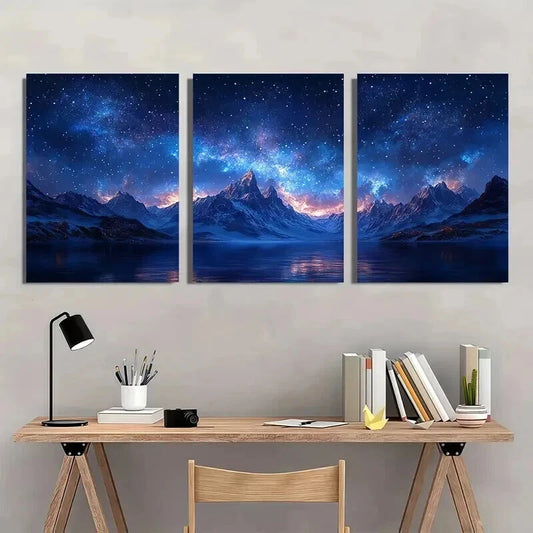 3pcs Snow Mountain Starry Sky Decor Wall Art Set Canvas Framed 40x60cm - High Quality Print 100% Australian Made Wall Canvas Ready to Hang