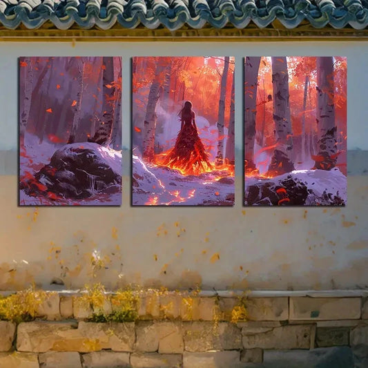 3pcs Forest Woman Sitting Scene Metal Print Ready to Hang Art