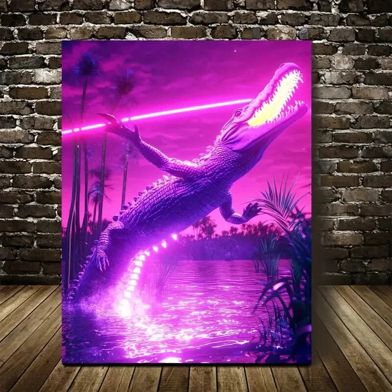 Beautiful Cyberpunk Crocodile Vivid Sunny Painting 40x60cm Metal Print Ready to Hang