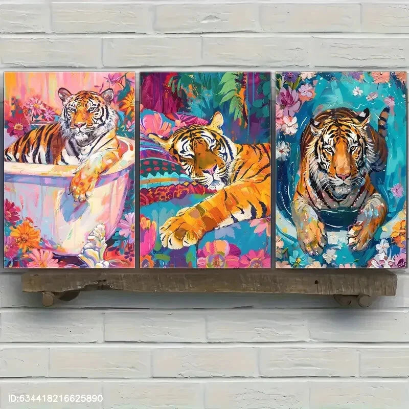 3pcs Tiger in the Bathtub Floral Art Animal Metal Print Ready to Hang Art