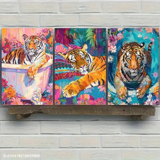 3pcs Tiger in the Bathtub Floral Art Animal Metal Print Ready to Hang Art
